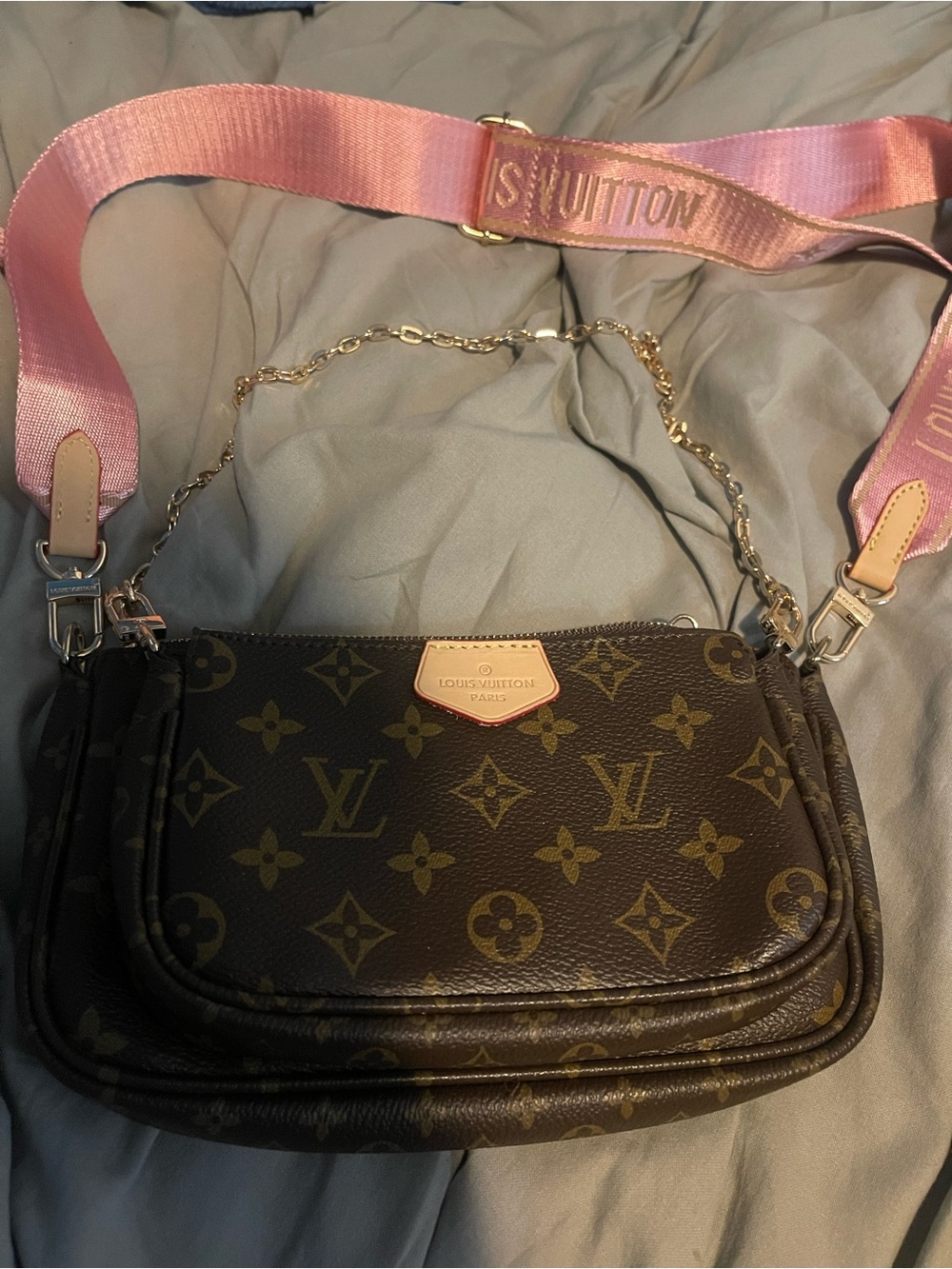 Louis Vuitton Brown Monogram Crossbody with Pink Strap and Gold Chain